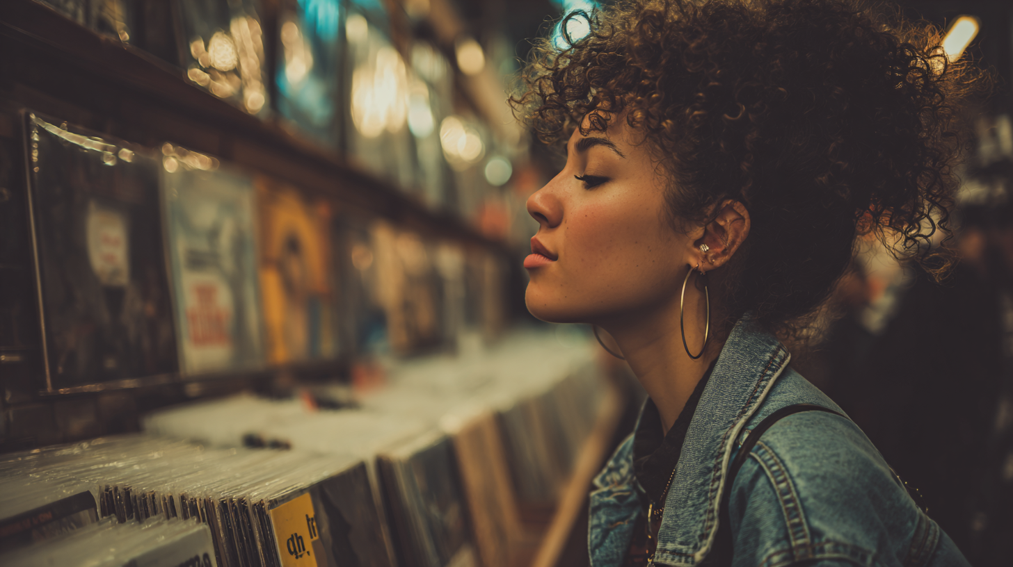 Female artist browsing music catalog in record store